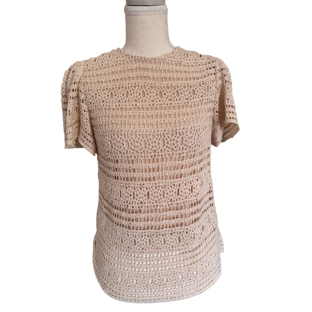 Lucy Paris Crochet Lace Top Cream Short Sleeve Keyhole Back Size XS